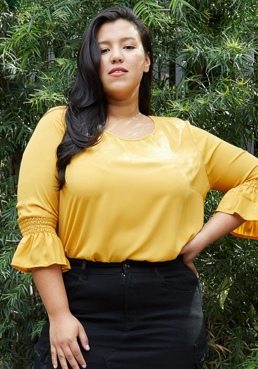 Plus Size Pleated Blouse With Bell Sleeve in Honey - shopatkonus