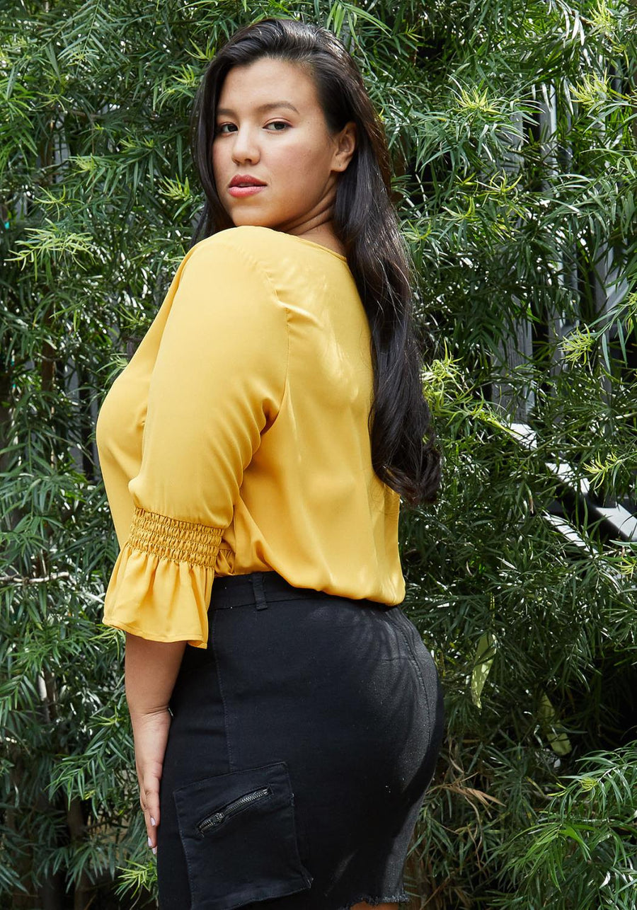 Plus Size Pleated Blouse With Bell Sleeve in Honey - shopatkonus