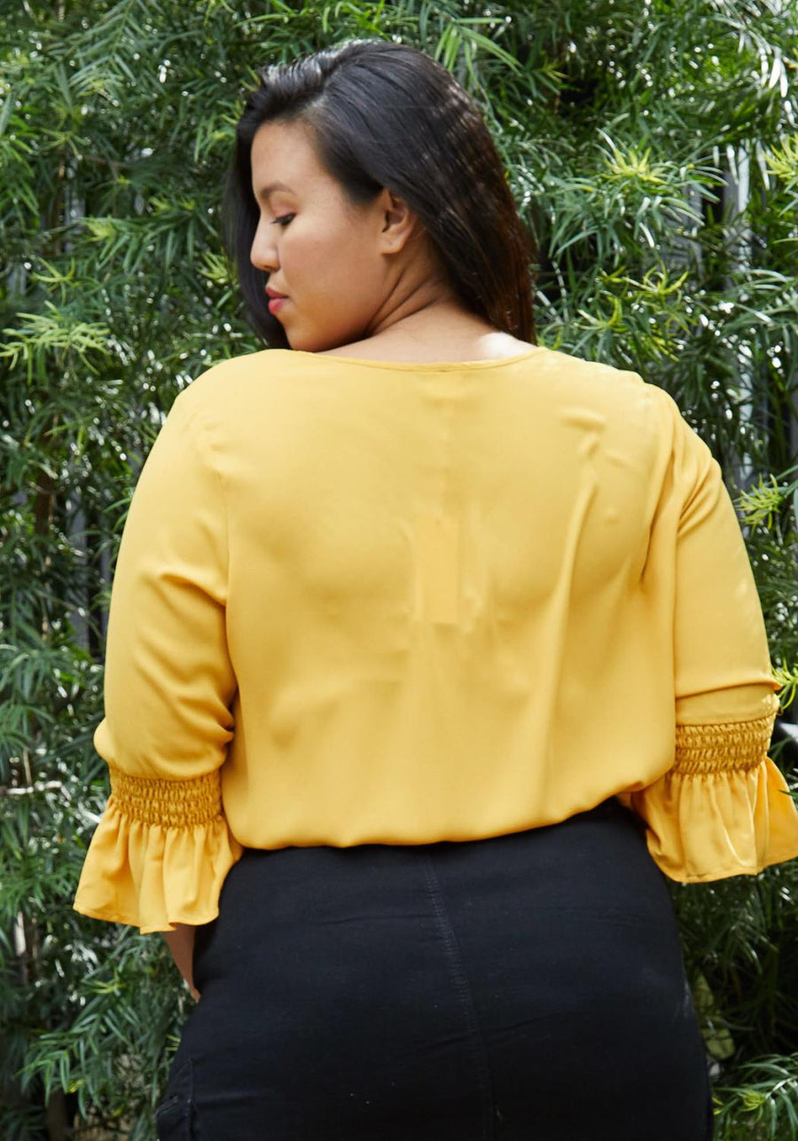 Plus Size Pleated Blouse With Bell Sleeve in Honey - shopatkonus