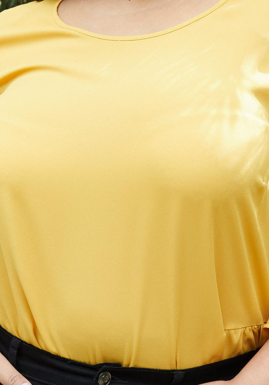 Plus Size Pleated Blouse With Bell Sleeve in Honey - shopatkonus