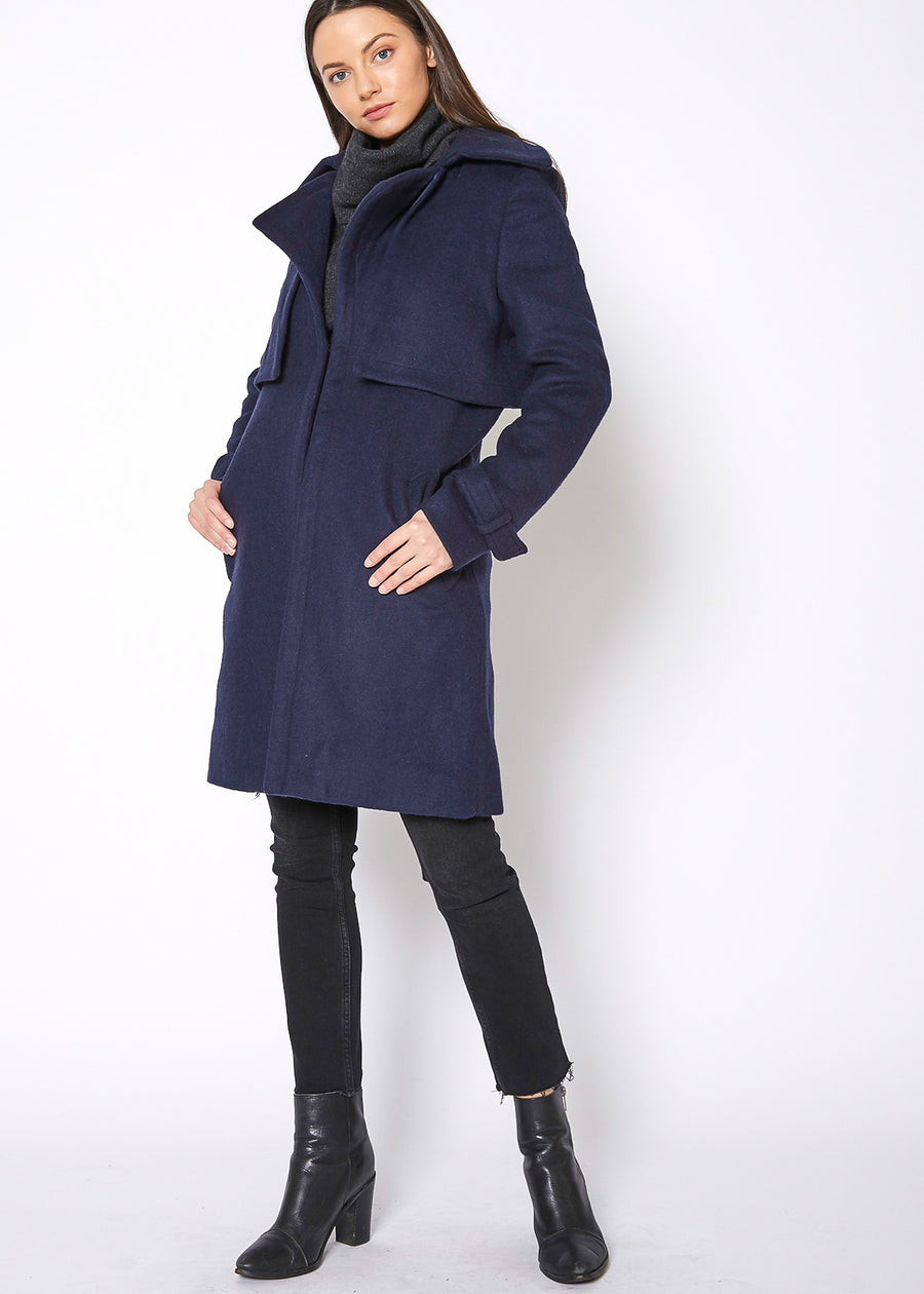 Women's Wool Blended Overlay Notch Collar Coat - shopatkonus